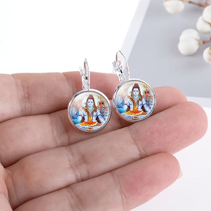 2pcs Round Glass-inlaid White Earrings with Deity Design